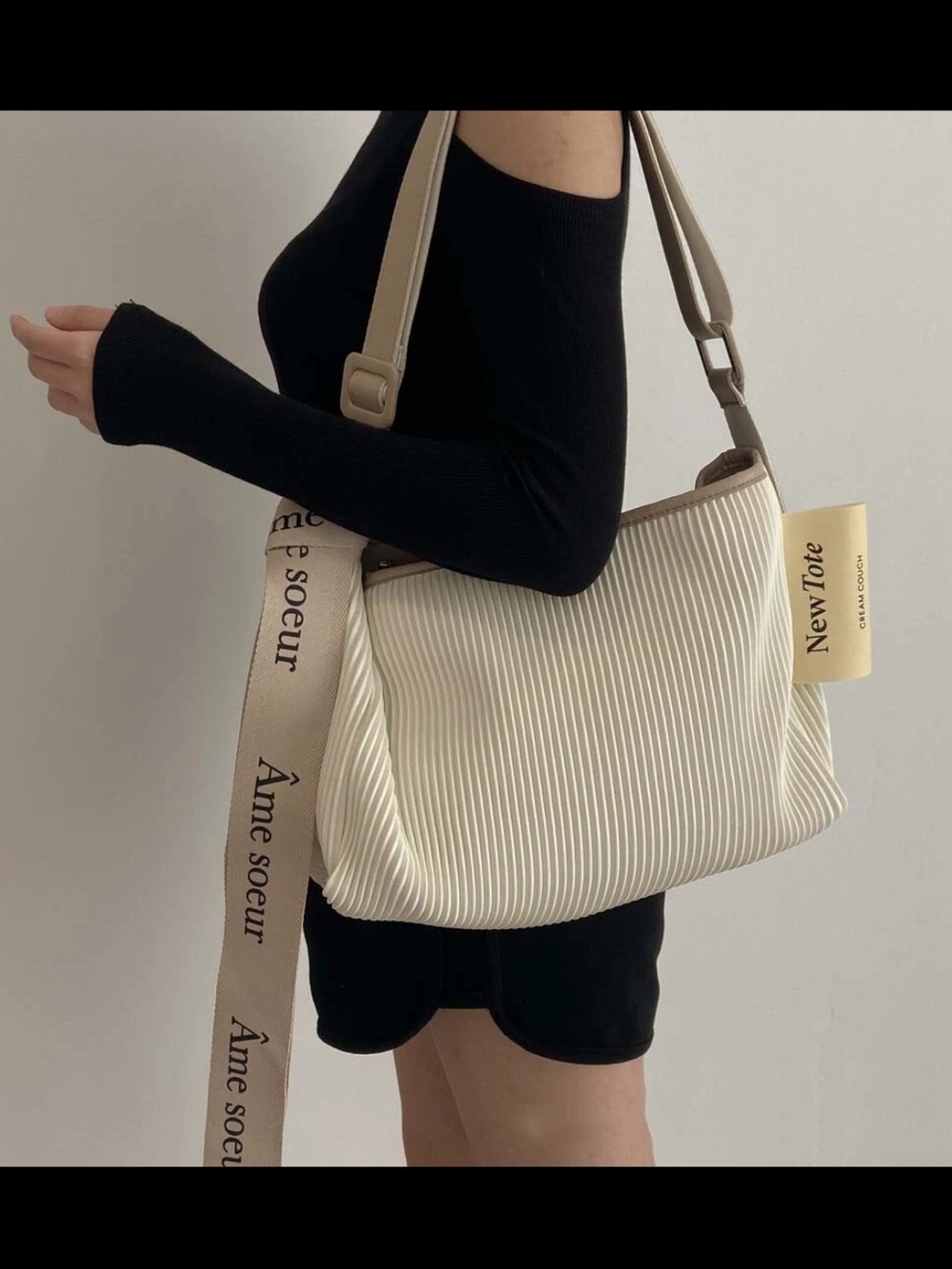 Cream Shoulder Tote Bag with Contrast Straps